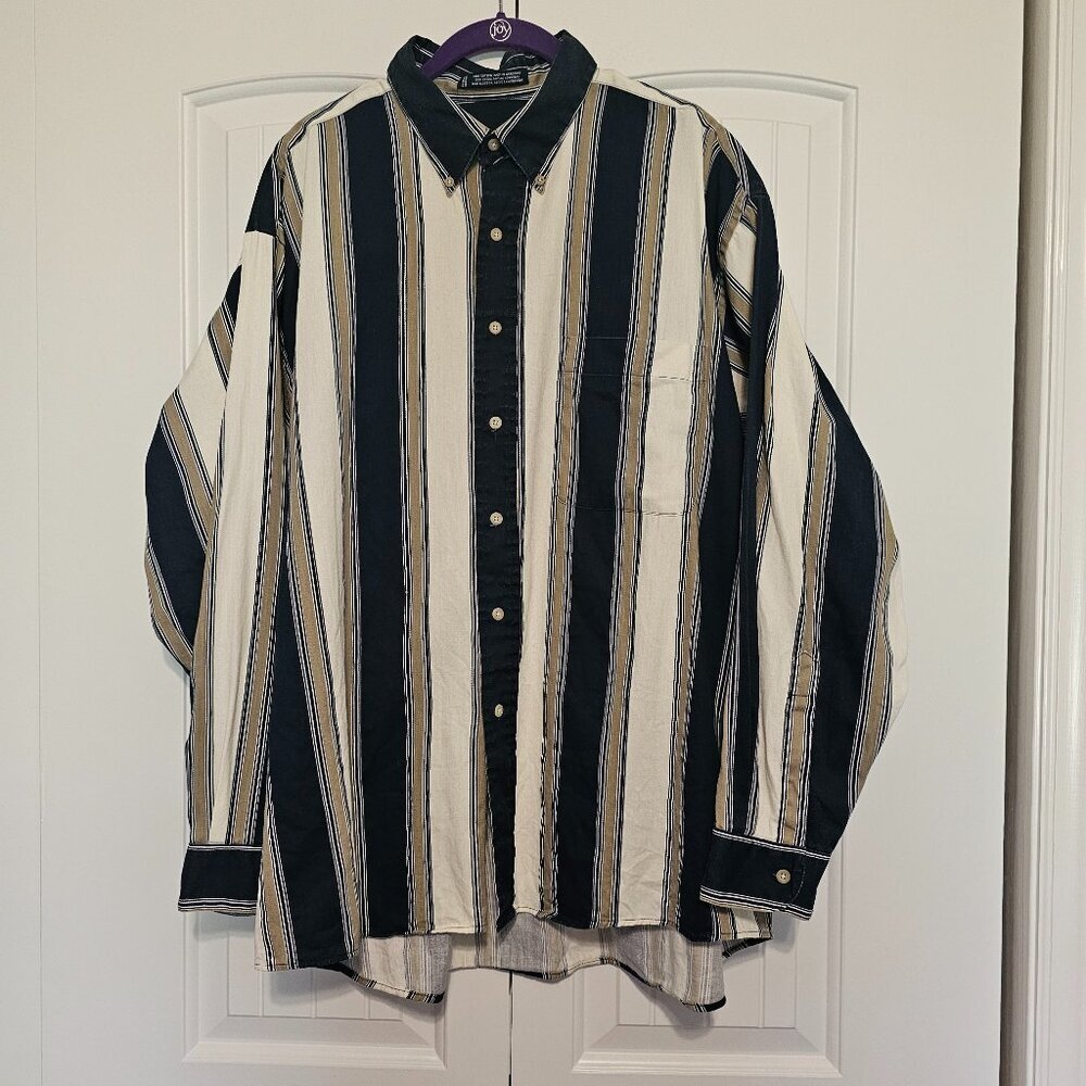 Men's Gant Rugger Oxford Cotton Shirt‎ Vertical Stipe Blue/Tan/Cream Size XL